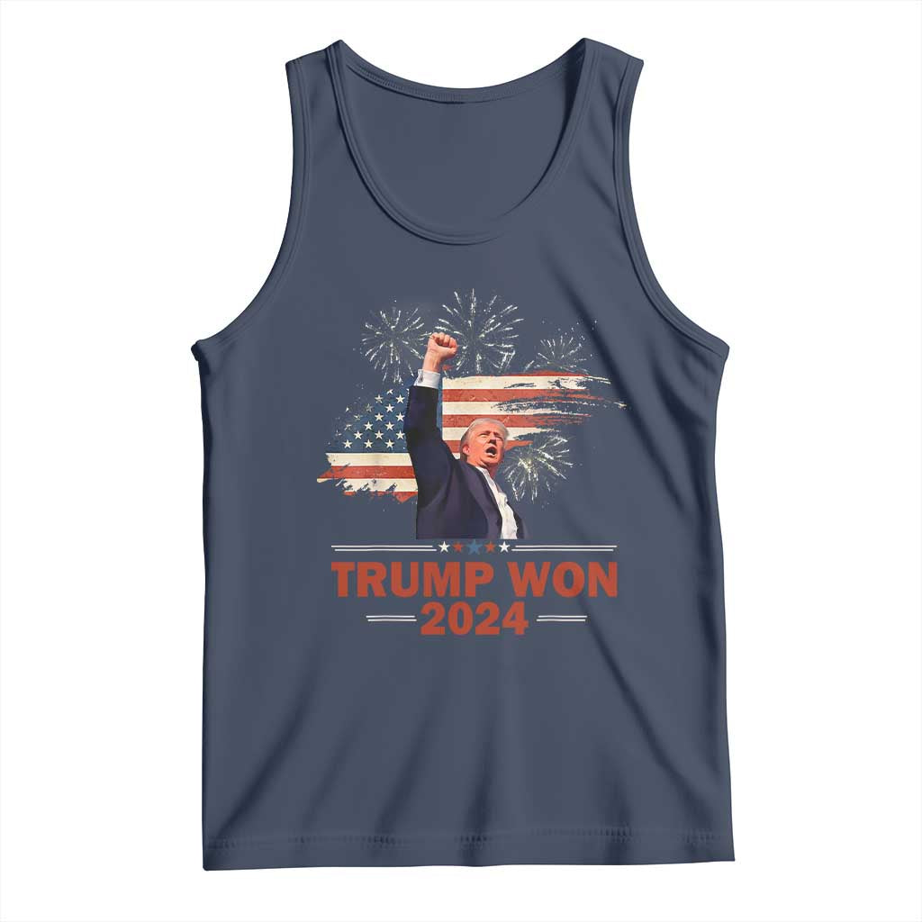 Trump Won 2024 Tank Top 47th President American Flag Raised Fist TS02 Navy Print Your Wear