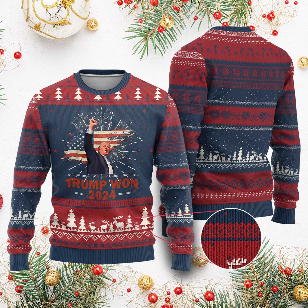 Trump Won 2024 Ugly Christmas Sweater 47th President American Flag Raised Fist TS02 Burgundy Print Your Wear