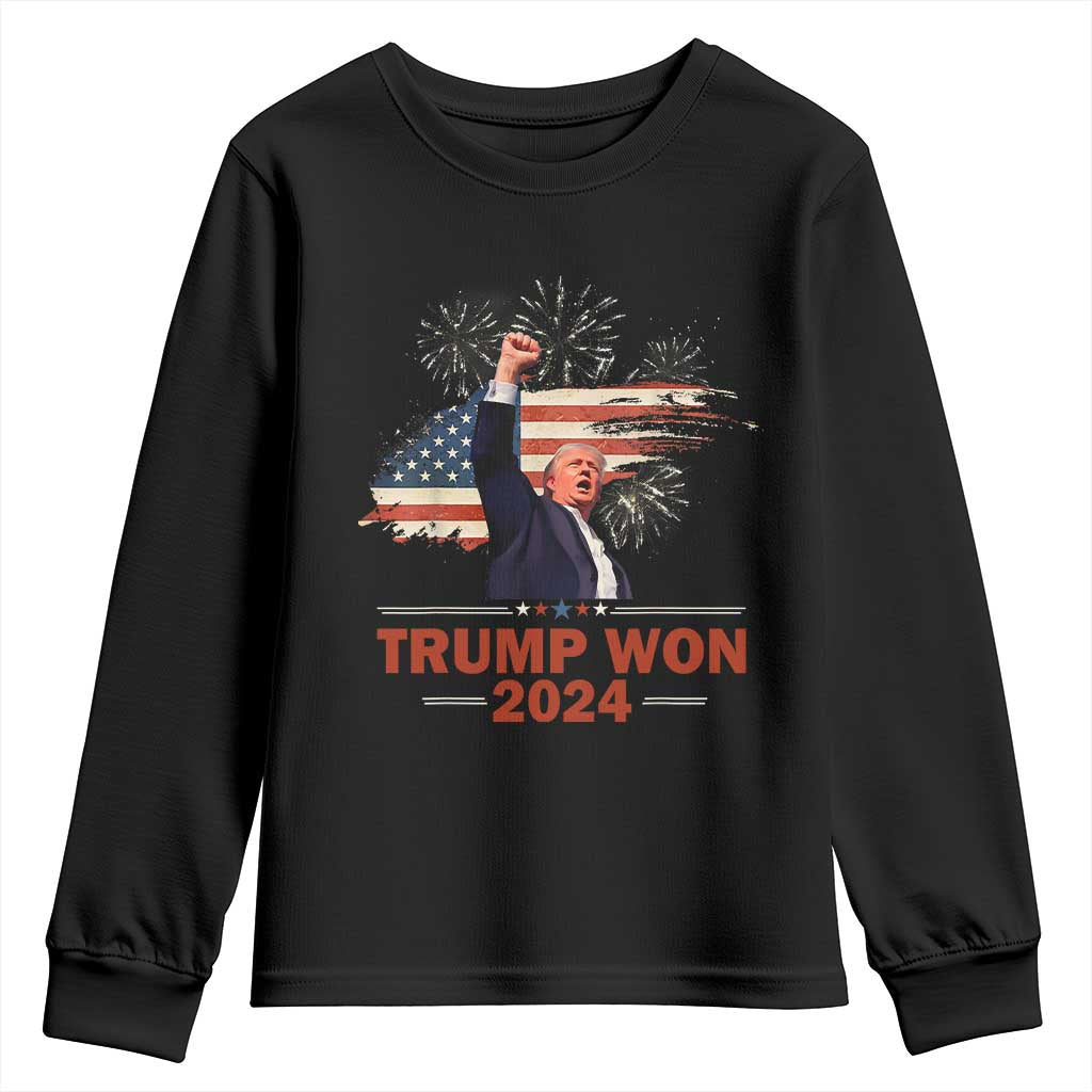 Trump Won 2024 Youth Sweatshirt 47th President American Flag Raised Fist TS02 Black Print Your Wear