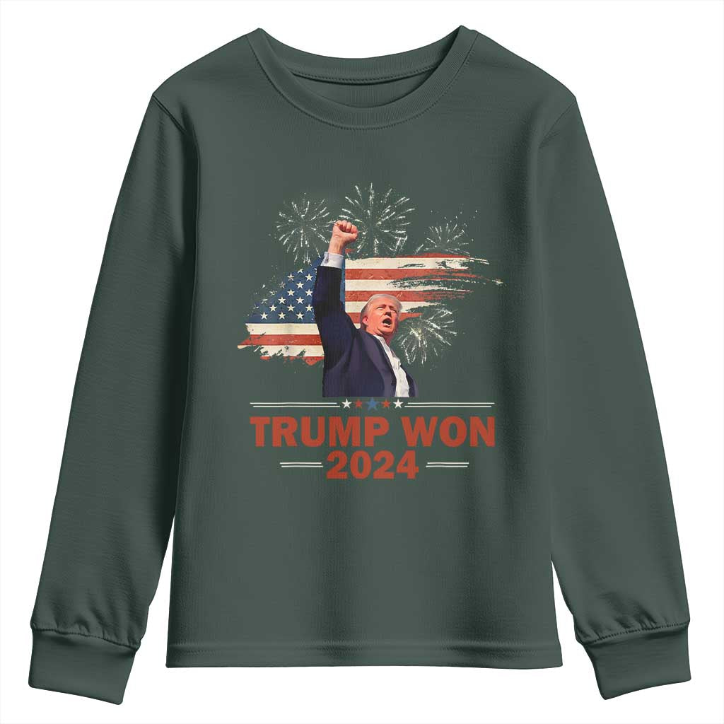 Trump Won 2024 Youth Sweatshirt 47th President American Flag Raised Fist TS02 Dark Forest Green Print Your Wear