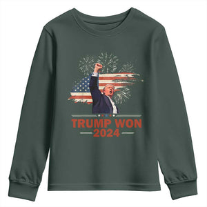 Trump Won 2024 Youth Sweatshirt 47th President American Flag Raised Fist TS02 Dark Forest Green Print Your Wear