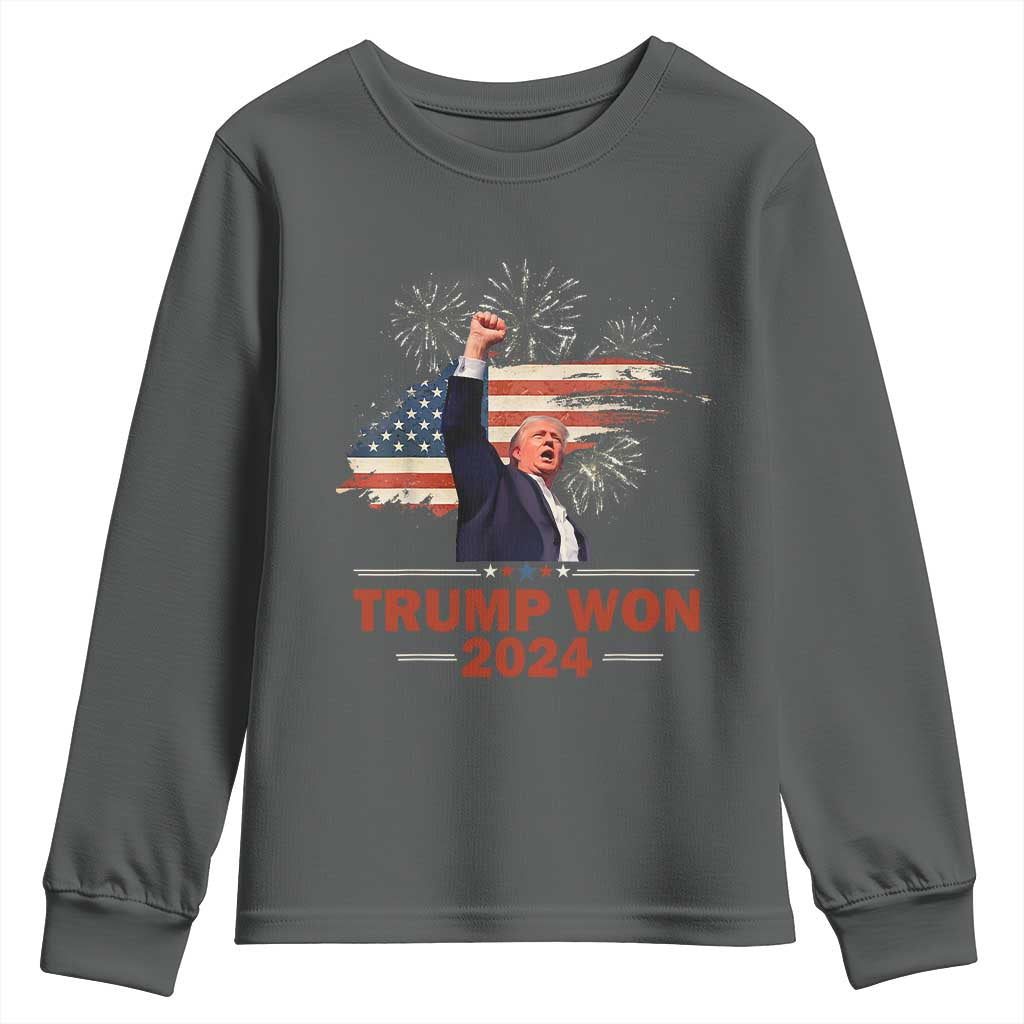 Trump Won 2024 Youth Sweatshirt 47th President American Flag Raised Fist TS02 Dark Heather Print Your Wear