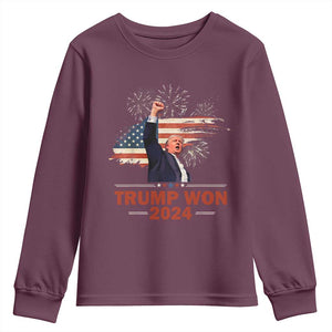 Trump Won 2024 Youth Sweatshirt 47th President American Flag Raised Fist TS02 Maroon Print Your Wear