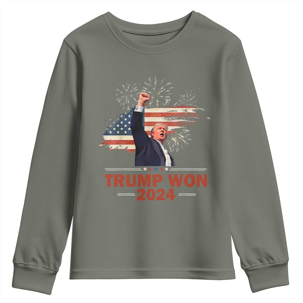 Trump Won 2024 Youth Sweatshirt 47th President American Flag Raised Fist TS02 Military Green Print Your Wear