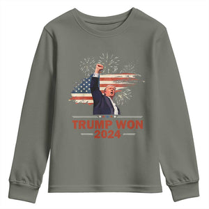 Trump Won 2024 Youth Sweatshirt 47th President American Flag Raised Fist TS02 Military Green Print Your Wear