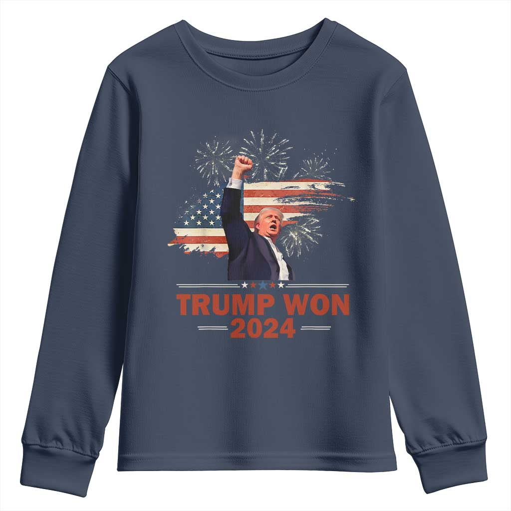 Trump Won 2024 Youth Sweatshirt 47th President American Flag Raised Fist TS02 Navy Print Your Wear