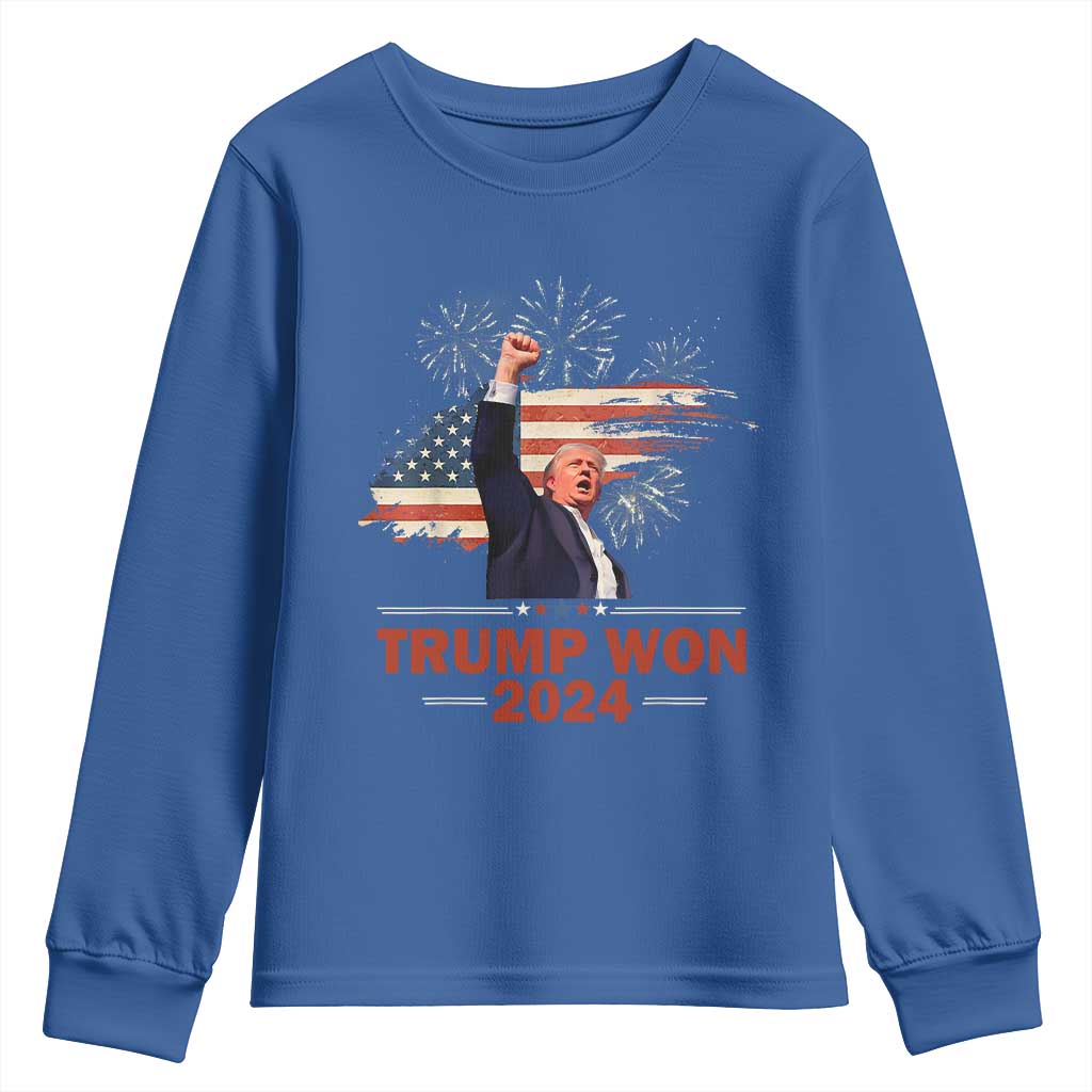 Trump Won 2024 Youth Sweatshirt 47th President American Flag Raised Fist TS02 Royal Blue Print Your Wear