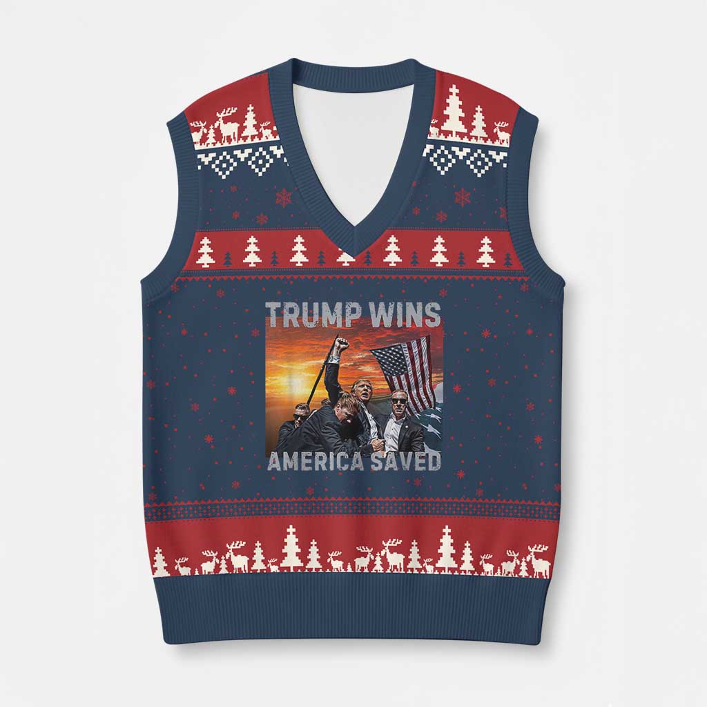 Trump 2024 V-Neck Knit Sweater Vest Trump Won America Saved American Flag TS02 Navy Red Print Your Wear