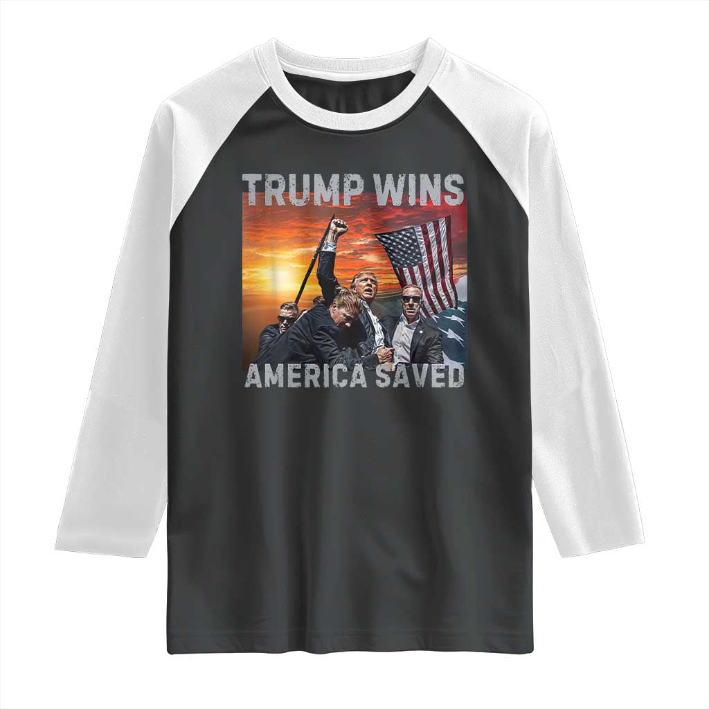 Trump 2024 Raglan Shirt Trump Won America Saved American Flag TS02 Black White Print Your Wear