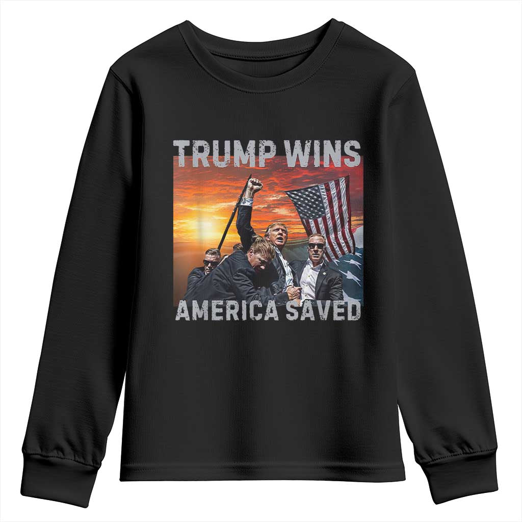 Trump 2024 Youth Sweatshirt Trump Won America Saved American Flag TS02 Black Print Your Wear