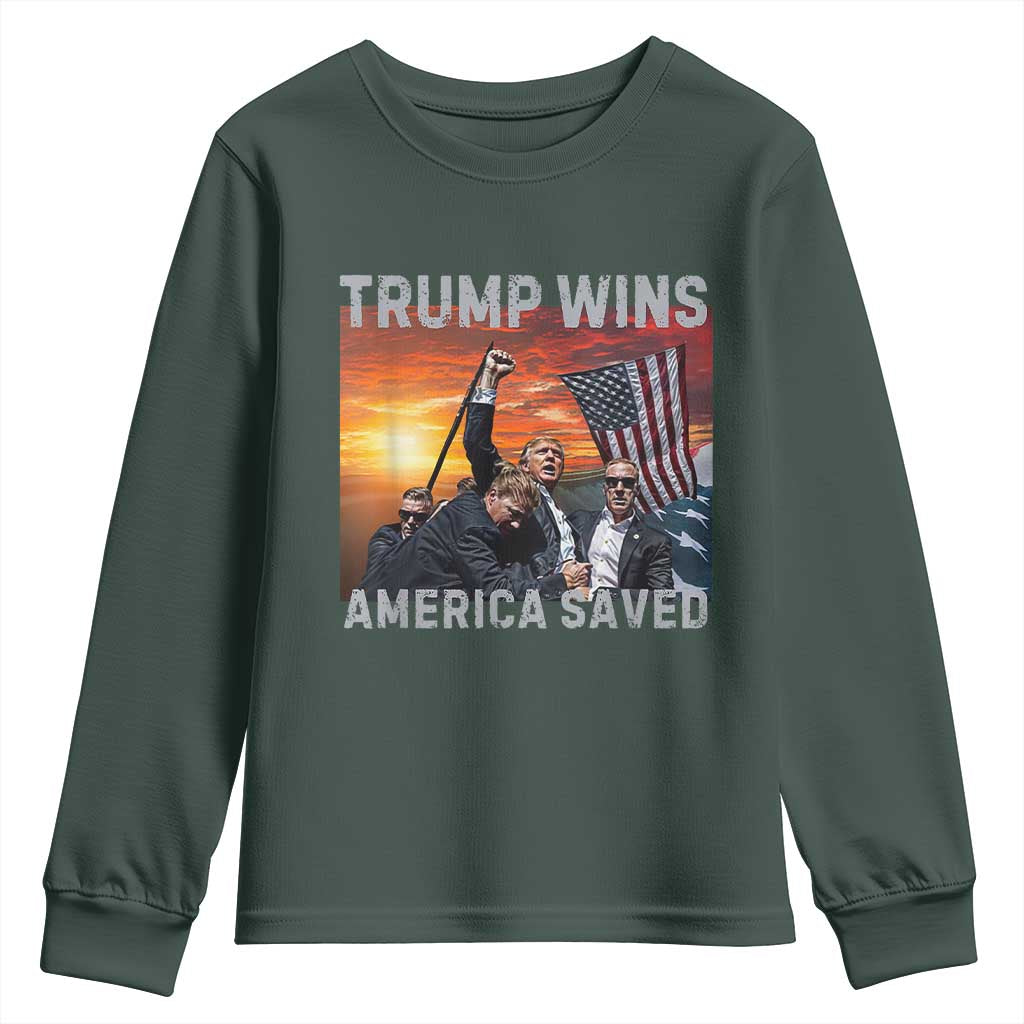 Trump 2024 Youth Sweatshirt Trump Won America Saved American Flag TS02 Dark Forest Green Print Your Wear
