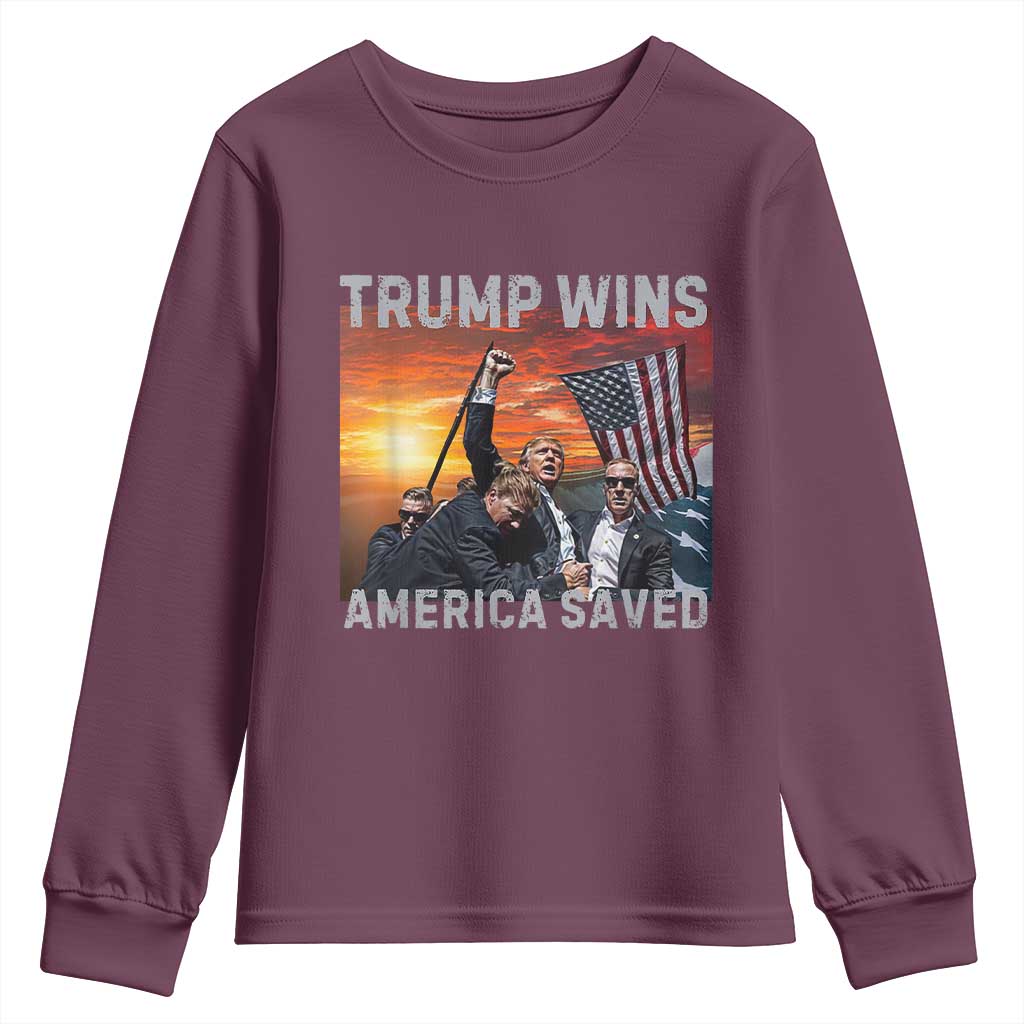 Trump 2024 Youth Sweatshirt Trump Won America Saved American Flag TS02 Maroon Print Your Wear