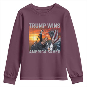 Trump 2024 Youth Sweatshirt Trump Won America Saved American Flag TS02 Maroon Print Your Wear