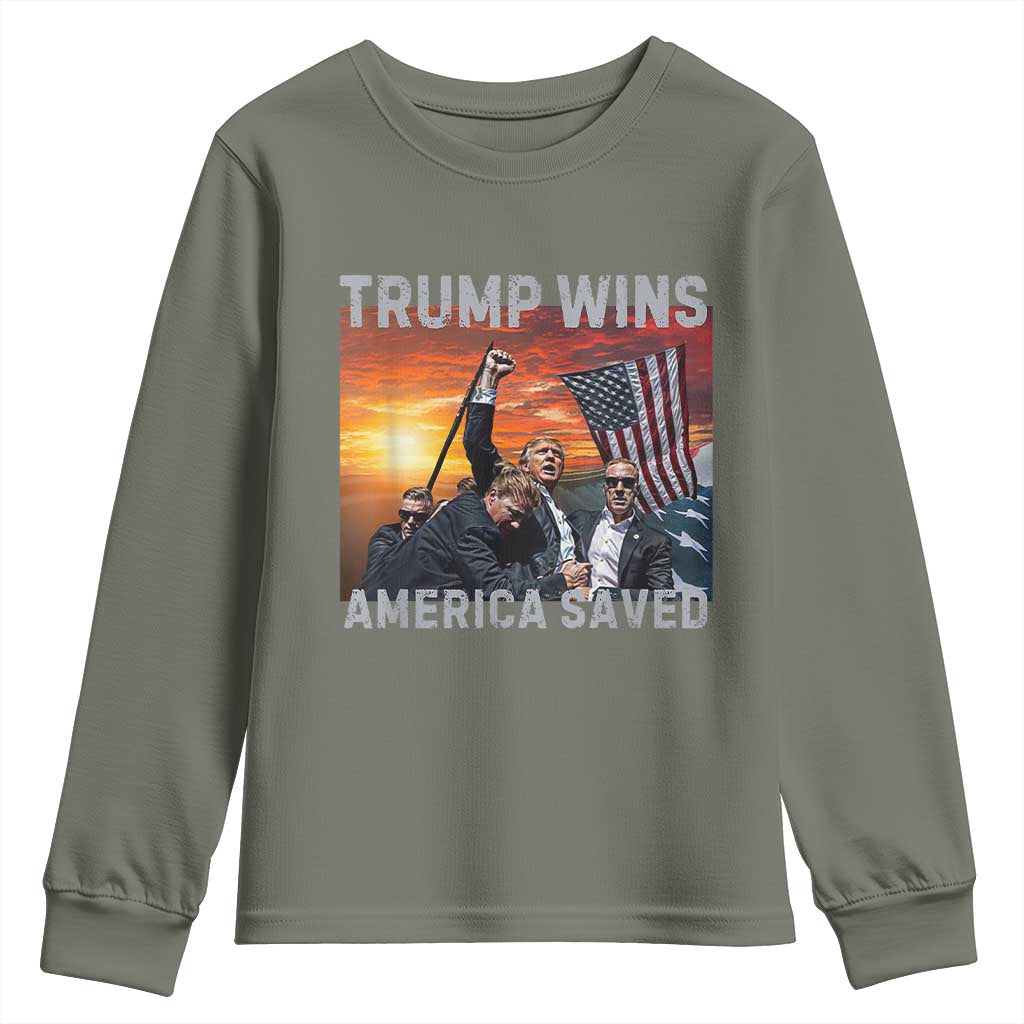 Trump 2024 Youth Sweatshirt Trump Won America Saved American Flag TS02 Military Green Print Your Wear