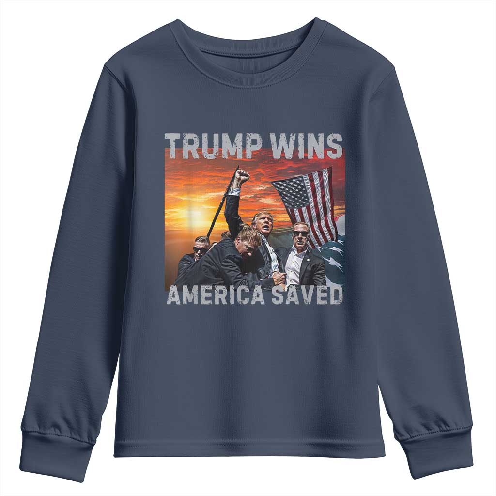 Trump 2024 Youth Sweatshirt Trump Won America Saved American Flag TS02 Navy Print Your Wear