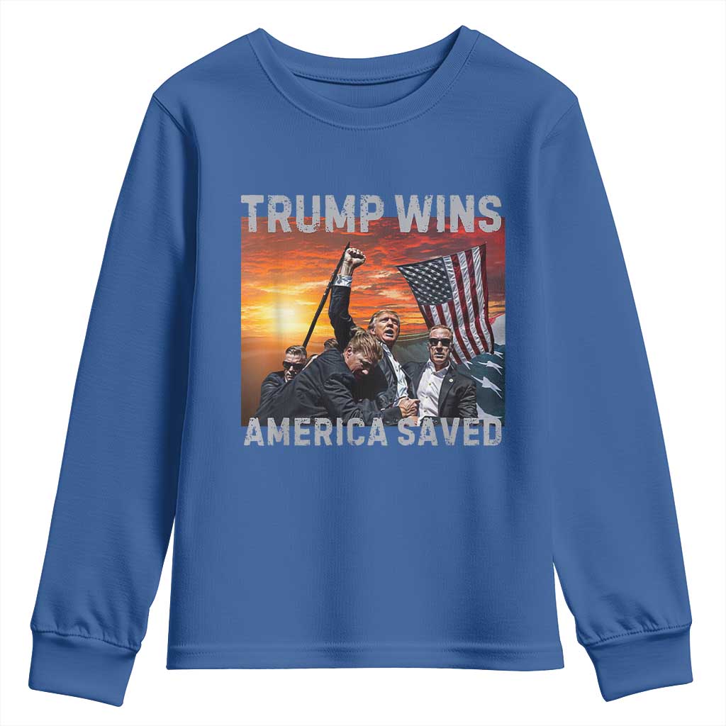 Trump 2024 Youth Sweatshirt Trump Won America Saved American Flag TS02 Royal Blue Print Your Wear