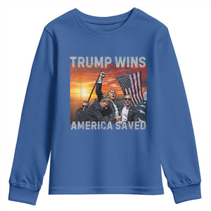 Trump 2024 Youth Sweatshirt Trump Won America Saved American Flag TS02 Royal Blue Print Your Wear