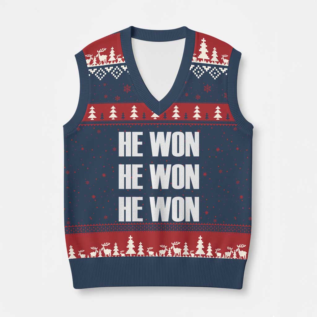 Trump 2024 V-Neck Knit Sweater Vest Triple He Won 47th President TS02 Navy Red Print Your Wear