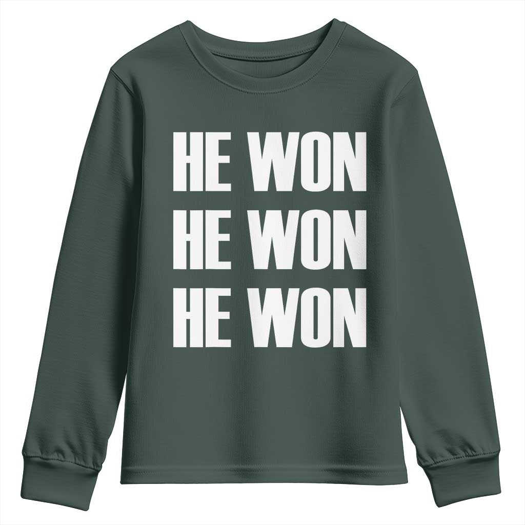Trump 2024 Youth Sweatshirt Triple He Won 47th President TS02 Dark Forest Green Print Your Wear