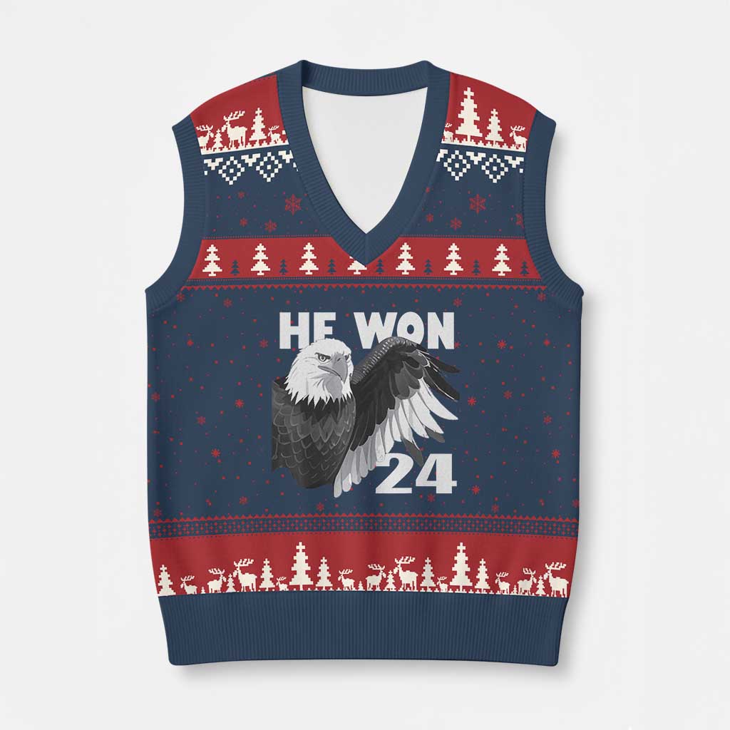 Trump 2024 V-Neck Knit Sweater Vest He Won 47th President American Eagle TS02 Navy Red Print Your Wear
