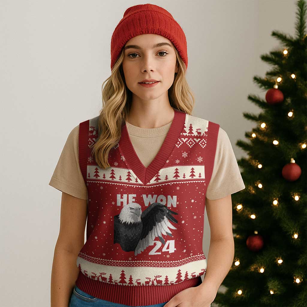 Trump 2024 V-Neck Knit Sweater Vest He Won 47th President American Eagle TS02 Red Beige Print Your Wear