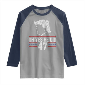 Trump 2024 Raglan Shirt Oh Yes He Did He Won 47th President TS02 Sport Gray Navy Print Your Wear