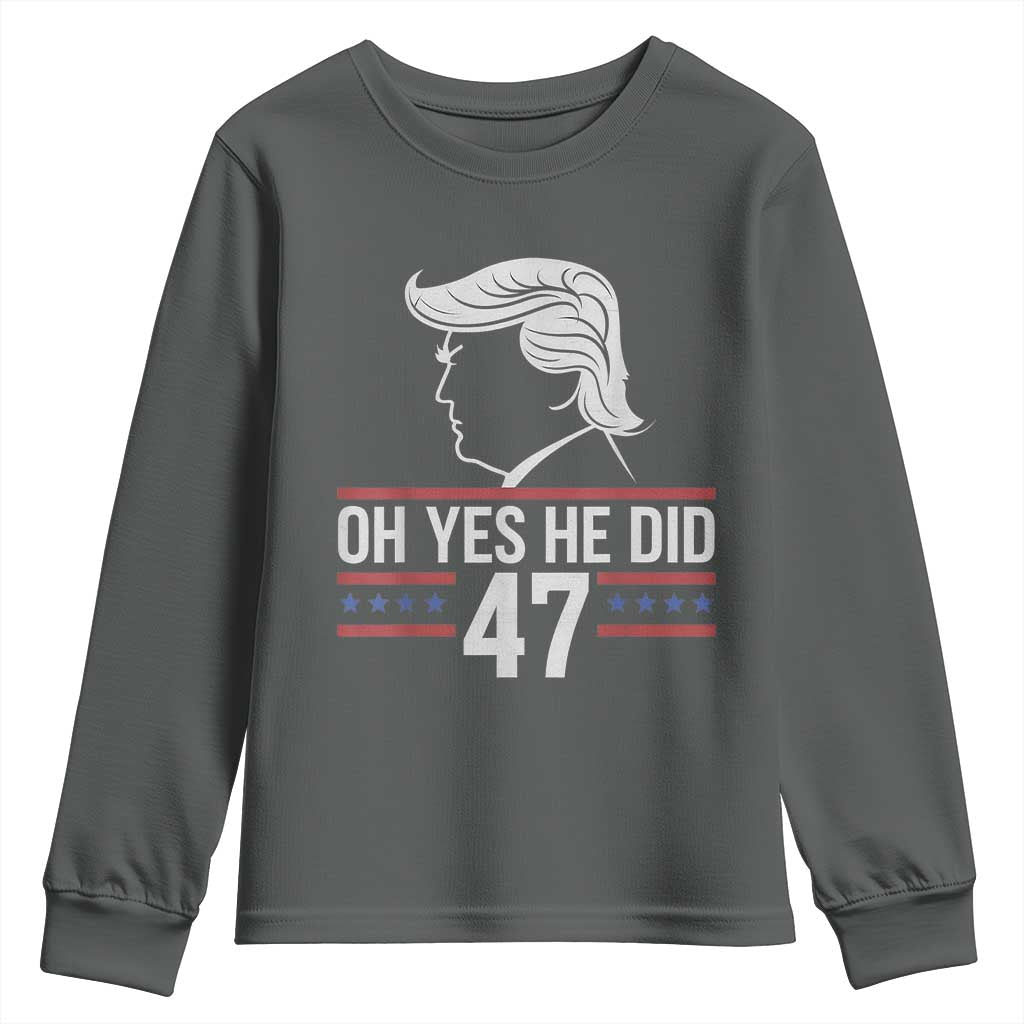 Trump 2024 Youth Sweatshirt Oh Yes He Did He Won 47th President TS02 Dark Heather Print Your Wear