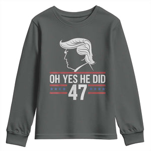 Trump 2024 Youth Sweatshirt Oh Yes He Did He Won 47th President TS02 Dark Heather Print Your Wear