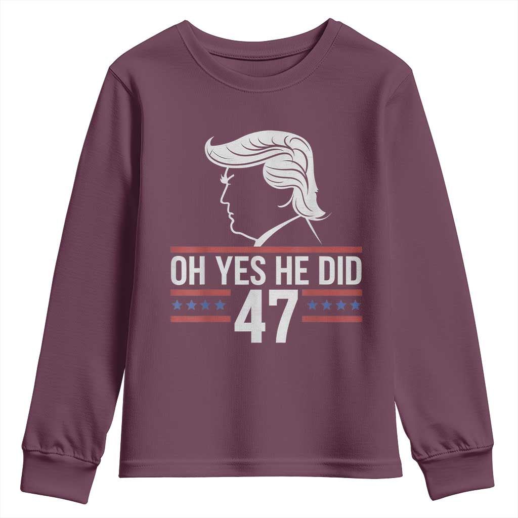 Trump 2024 Youth Sweatshirt Oh Yes He Did He Won 47th President TS02 Maroon Print Your Wear
