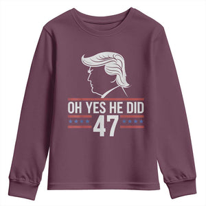 Trump 2024 Youth Sweatshirt Oh Yes He Did He Won 47th President TS02 Maroon Print Your Wear