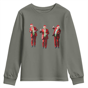 Funny Trump Dance Christmas Youth Sweatshirt Santa Claus 2024 Xmas Pajamas Holiday TS02 Military Green Print Your Wear