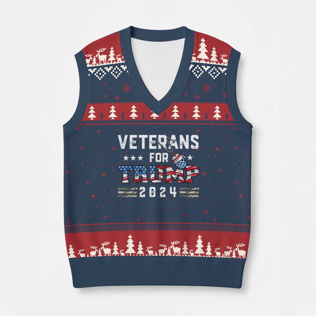 Veterans For Trump V-Neck Knit Sweater Vest Patriotic Military Dog Tags American Flag TS02 Navy Red Print Your Wear