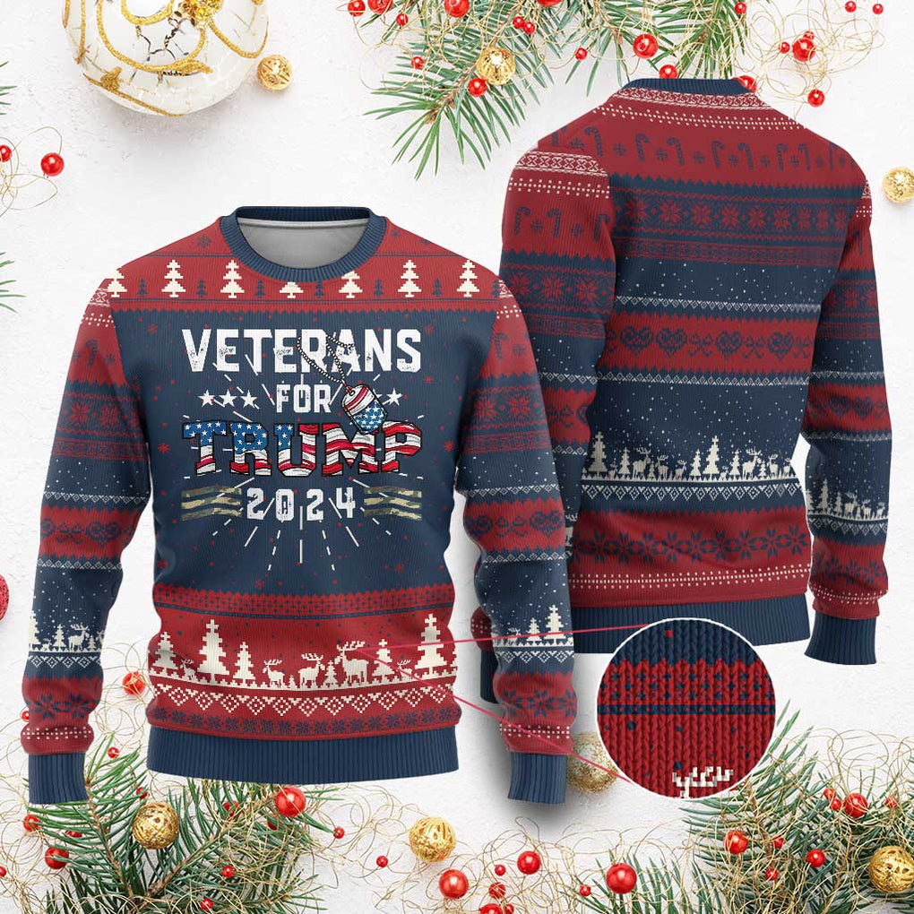 Veterans For Trump 2024 Ugly Christmas Sweater Patriotic Military Dog Tags American Flag TS02 Burgundy Print Your Wear