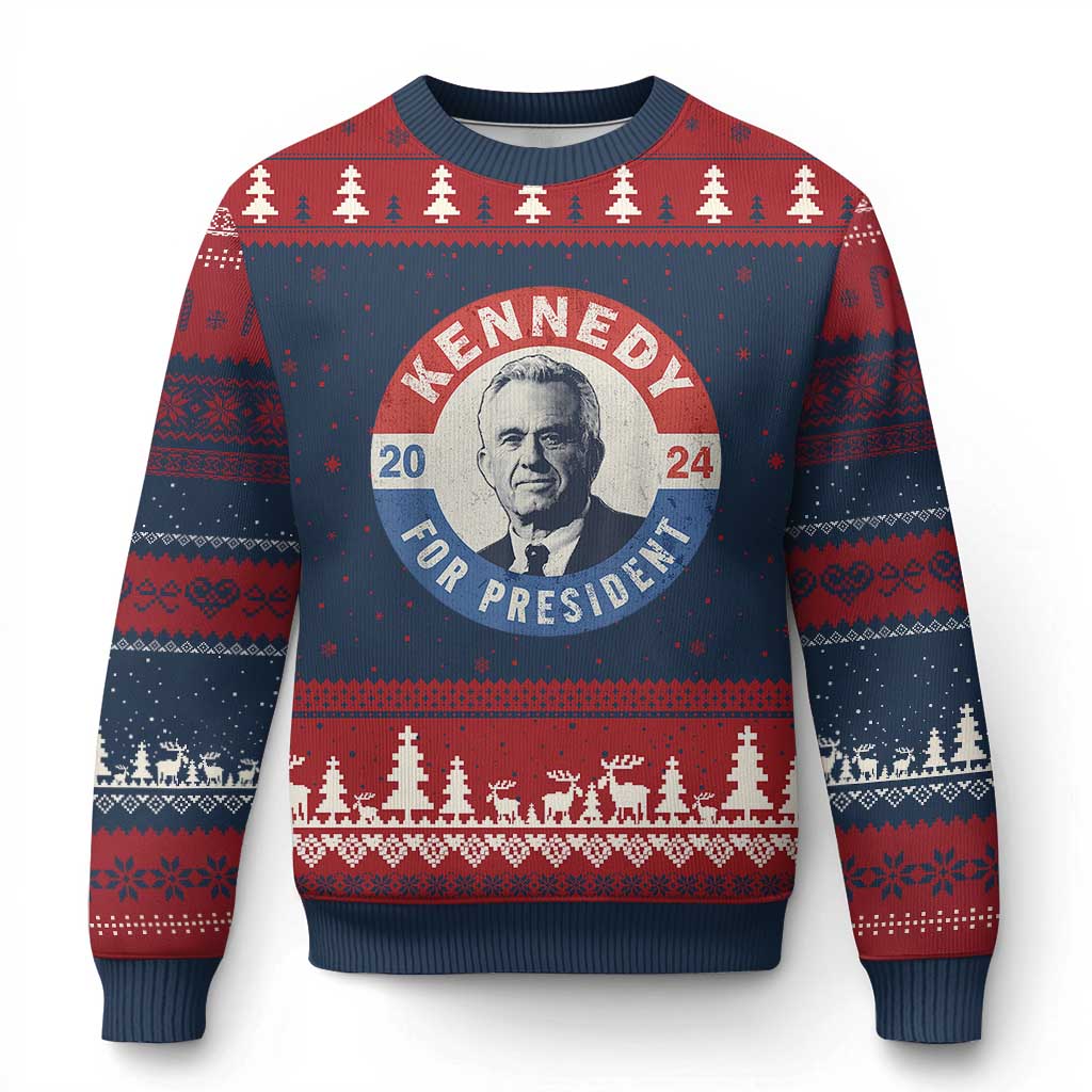 RFK Jr Kennedy 2024 Ugly Christmas Sweater For President Vintage Button TS02 Navy Red Print Your Wear