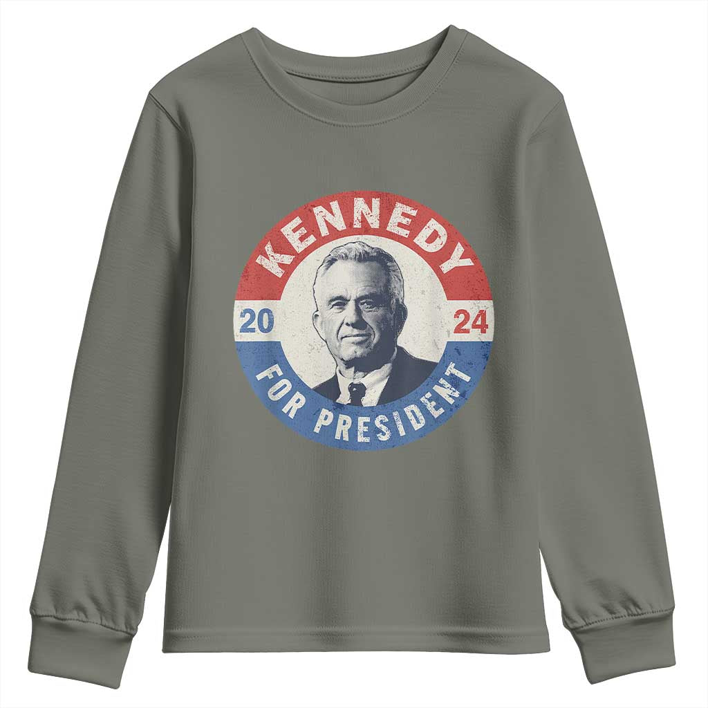 RFK Jr Kennedy 2024 Youth Sweatshirt For President Vintage Button TS02 Military Green Print Your Wear