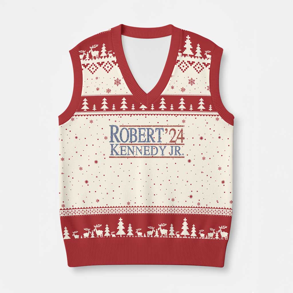 RFK Jr Kennedy 2024 V-Neck Knit Sweater Vest Distressed Robert Kennedy Jr. 24 TS02 Beige Red Print Your Wear