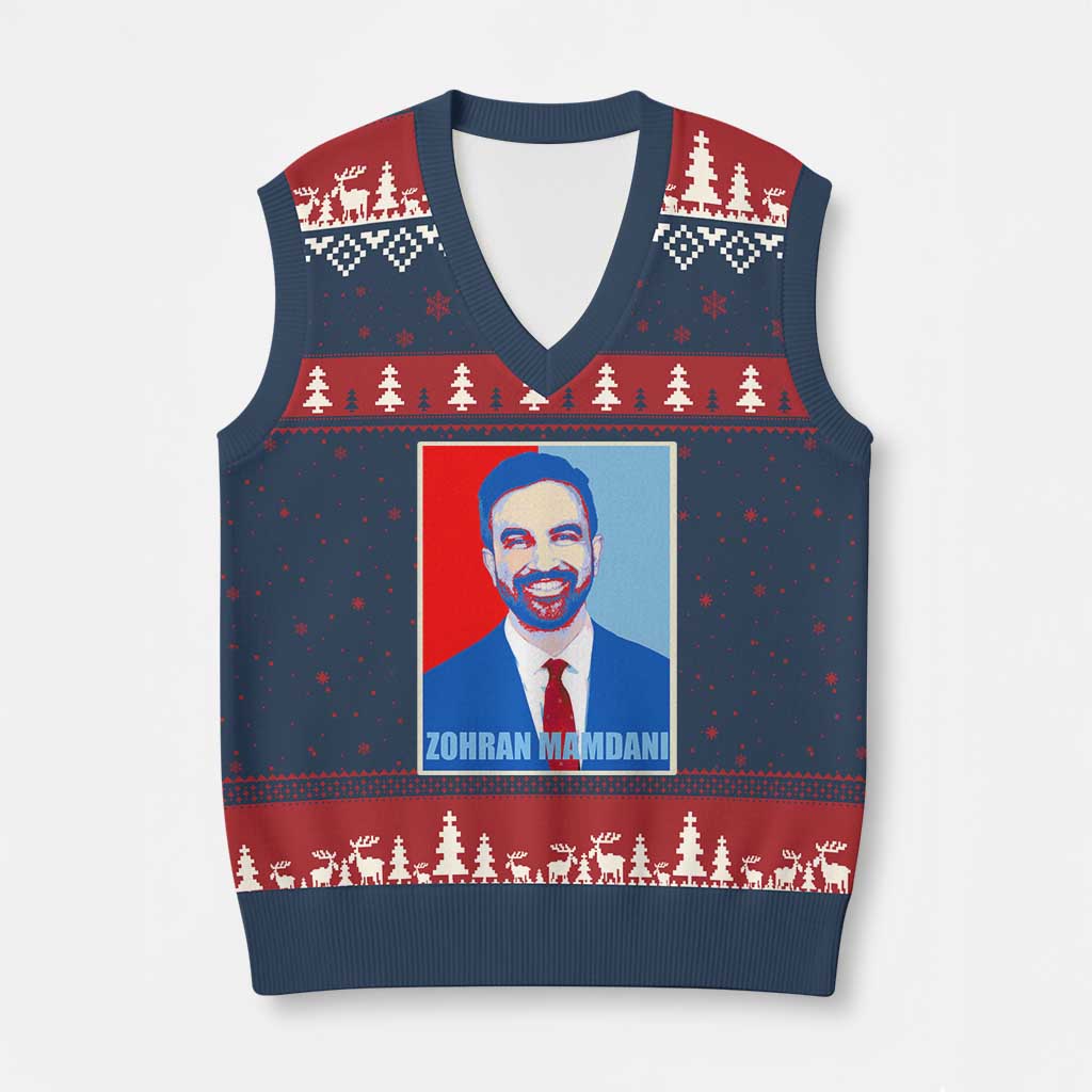 Zohran Madamni V-Neck Knit Sweater Vest for New York Mayor TS02 Navy Red Print Your Wear