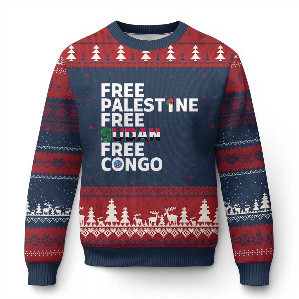 Free Palestine Sudan Congo Ugly Christmas Sweater Human Rights Activist Justice and Solidarity TS02 Navy Red Print Your Wear
