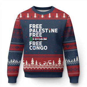 Free Palestine Sudan Congo Ugly Christmas Sweater Human Rights Activist Justice and Solidarity TS02 Navy Red Print Your Wear