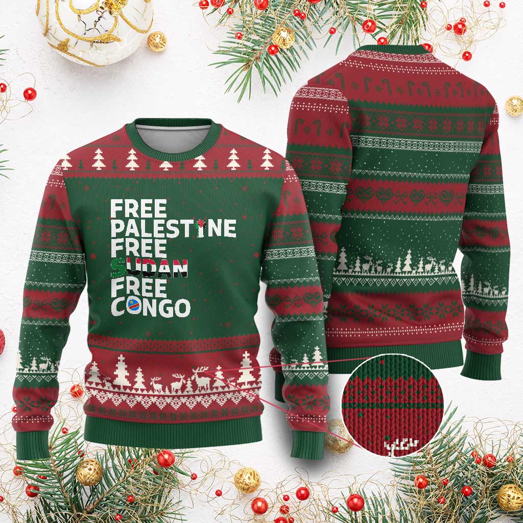 Free Palestine Sudan Congo Ugly Christmas Sweater Human Rights Activist Justice and Solidarity TS02 Red Green Print Your Wear