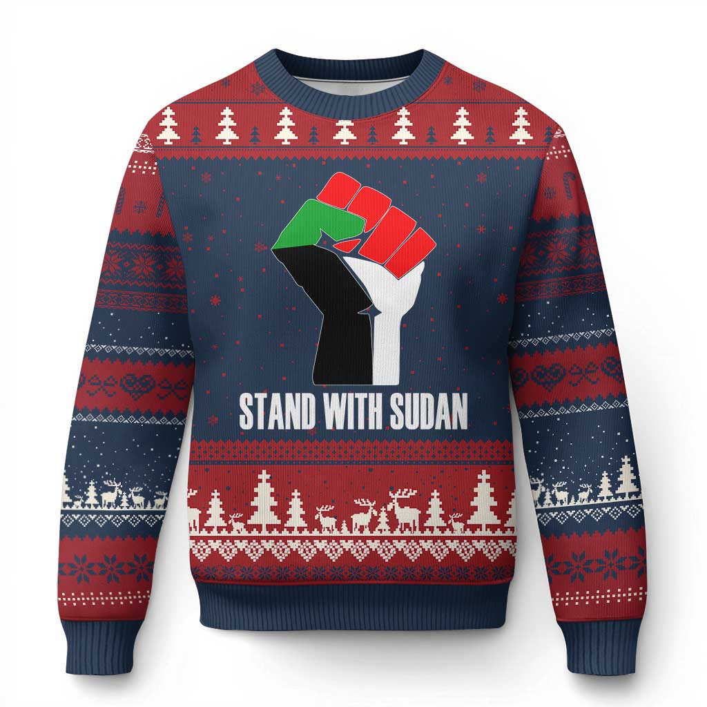 Stand With Sudan Power Fist Ugly Christmas Sweater Sudan Flag Activist Peace and Protest TS02 Navy Red Print Your Wear