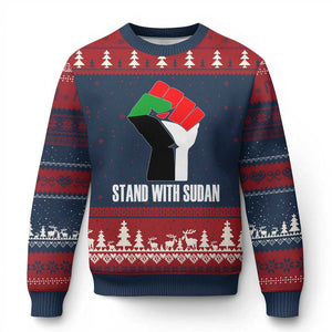 Stand With Sudan Power Fist Ugly Christmas Sweater Sudan Flag Activist Peace and Protest TS02 Navy Red Print Your Wear