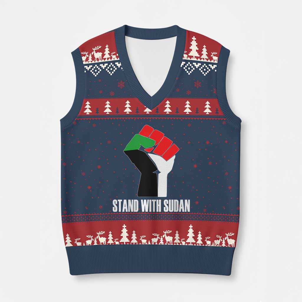Stand With Sudan Power Fist V-Neck Knit Sweater Vest Sudan Flag Activist Peace and Protest TS02 Navy Red Print Your Wear