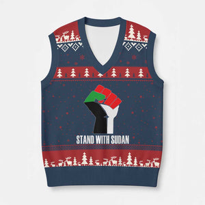 Stand With Sudan Power Fist V-Neck Knit Sweater Vest Sudan Flag Activist Peace and Protest TS02 Navy Red Print Your Wear
