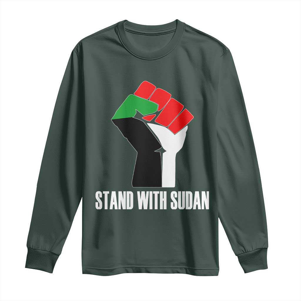 Stand With Sudan Power Fist Long Sleeve Shirt Sudan Flag Activist Peace and Protest TS02 Dark Forest Green Print Your Wear