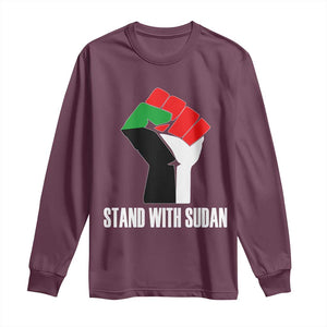Stand With Sudan Power Fist Long Sleeve Shirt Sudan Flag Activist Peace and Protest TS02 Maroon Print Your Wear