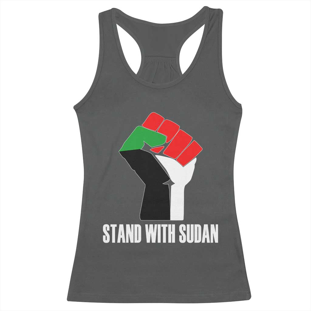 Stand With Sudan Power Fist Racerback Tank Top Sudan Flag Activist Peace and Protest TS02 Dark Heather Print Your Wear
