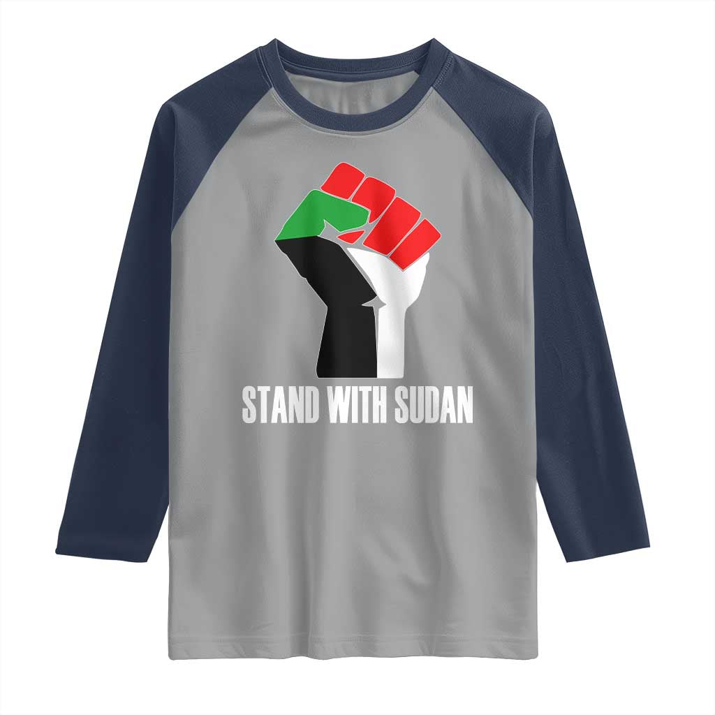 Stand With Sudan Power Fist Raglan Shirt Sudan Flag Activist Peace and Protest TS02 Sport Gray Navy Print Your Wear