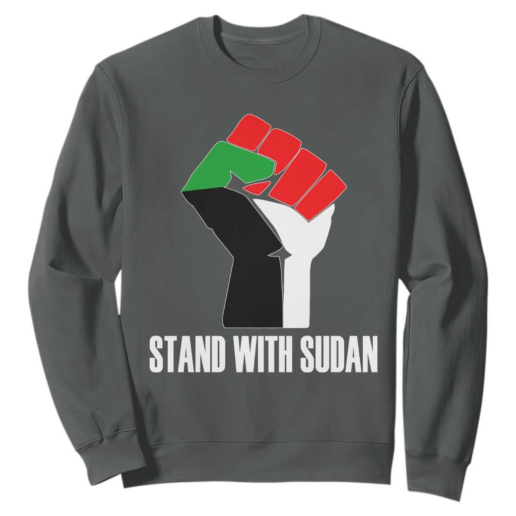 Stand With Sudan Power Fist Sweatshirt Sudan Flag Activist Peace and Protest TS02 Dark Heather Print Your Wear