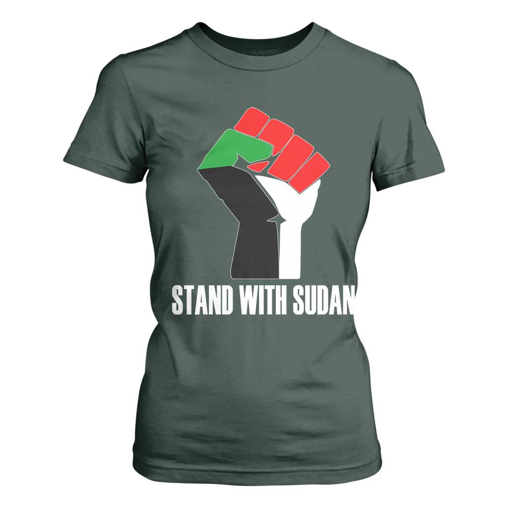 Stand With Sudan Power Fist T Shirt For Women Sudan Flag Activist Peace and Protest TS02 Dark Forest Green Print Your Wear